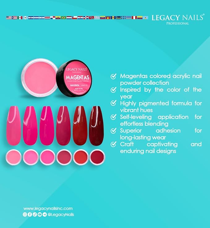 Legacy Nails Professional COLLECTION Acrylic Powder Kit 6 Colors Nail Art Set for Manicure DIY for Dip & Acrylic Nail Extensions (MAGENTAS COLLECTION)