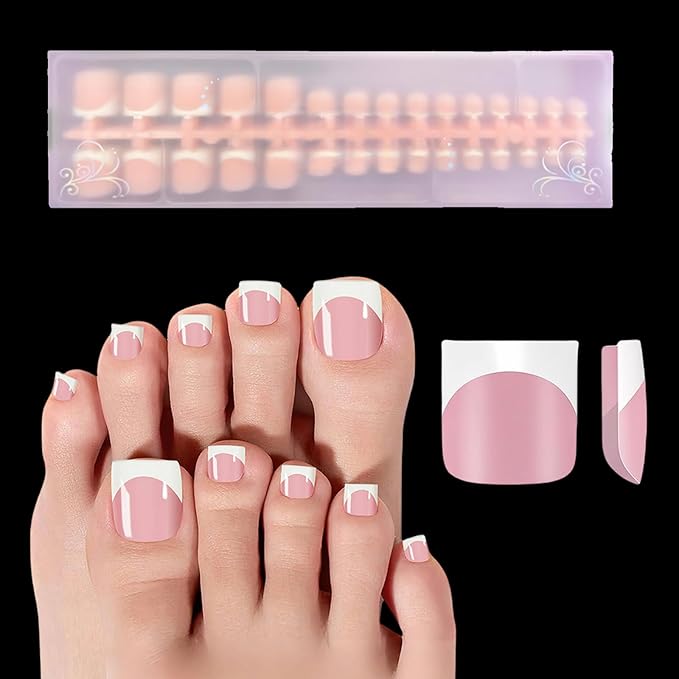 150pcs French Tip Press on Toenails Short Square, Pink Press On Nails White French Toe Nail Tips for Women, Soft Gel Fake Toe Nails, Acrylic Nails Soak off Nail Home DIY 15 Size