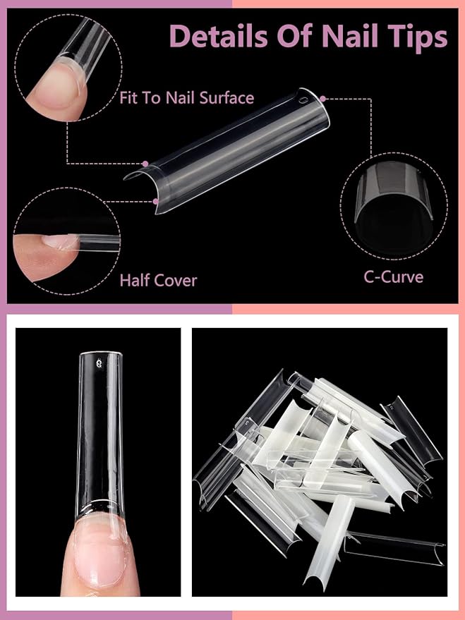 480PCS XL Extra Long C Curve Nail Tips, 2 Packs Natural and Clear Acrylic Nail Tips for Acrylic Nails Professional Set, Half Cover Square Straight Press on False Nail Tips for Nail Art 12 Sizes Box