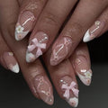 Pink White French Bow Press on Nails, White Pearl Fake Nails, Almond Short Acrylic Press-Ons with Charming 3D Plaid Floral Design, Reusable Glue-On Stickers for Fall Flower Nails for Women