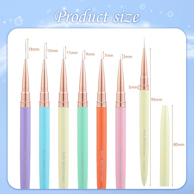 6Pcs Colorful Nail Art Liner Brushes Set, Detail Painting Design Fine Lines Drawing With Cap Metal Handle Home DIY Salon Manicure Tool Women Gifts, 5/7/9/11/15/18mm