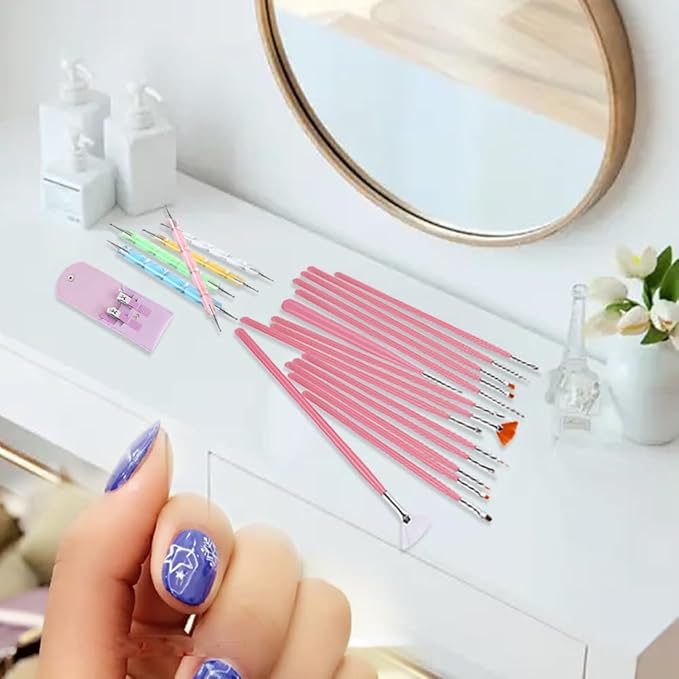 Nail Art Tool Set ,Nail Clippers Set， Painting Brushes Set， 2-way Drawing Dotting Painting Pens.Stainless Steel Durable Nail Clipper Care with Portable Leather Case，Give Nail File.（34PCS）