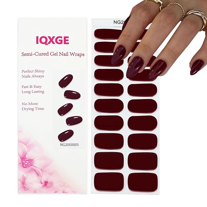 Burgundy Semi Cured Gel Nail Strips 20Pcs Gel Nail Stickers Polish Nails Wraps UV/LED Light Needed Full Gloss Nails Polish Strips for Women Includes Prep Pads, File, Wooden Cuticle Stick