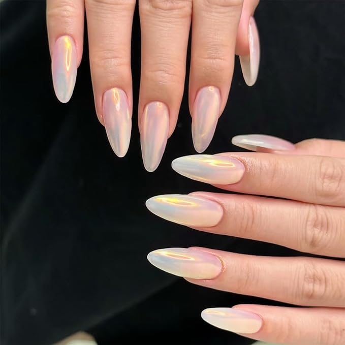 30Pcs Almond Press On Nails - Supremely Fit & Natural Soft Gel Almond Nails,15 Sizes, Reusable Fake Nails Kit with Gift Box for Women (Champagne)
