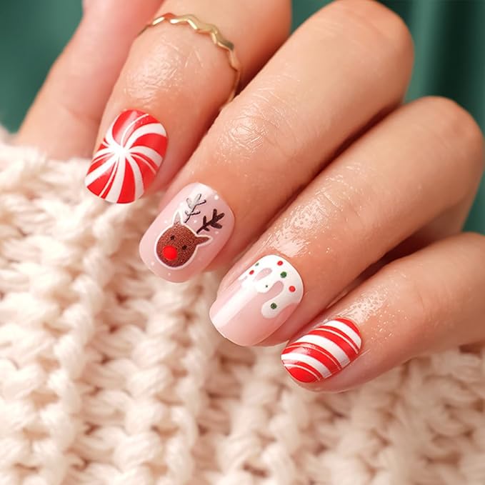 6 Packs (144 Pcs) Christmas Press on Nails Short Square Fake Nails Winter Xmas False Nails with Designs Snowflake Marple Leaves Glue on Nails Full Cover Glossy Acrylic Stick on Nail for Women Manicure