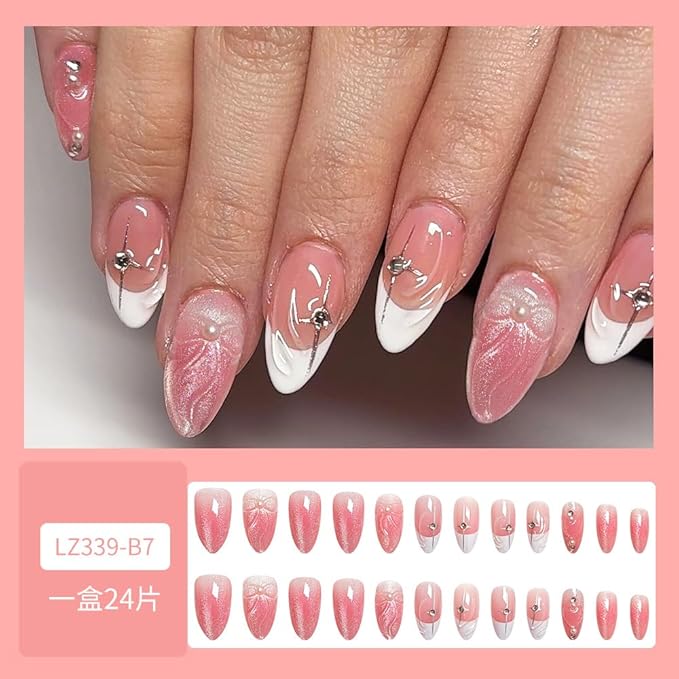Almond Press on Nails Short Pink Fake Nails Cat Eye False Nails Finish Cute Glue on Nail French Tip Acrylic Nails Bow full Cover Stick on Nail for Women Manicure Nail Decoration 24Pcs