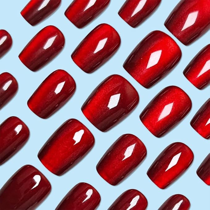 Red Fake Nails Short Cat Eye Press on Nails Wine Red False Nails Press ons Glossy Acrylic Artificial Nails Solid Color Glue on Nail for Women Girls Nail Decoration 24Pcs
