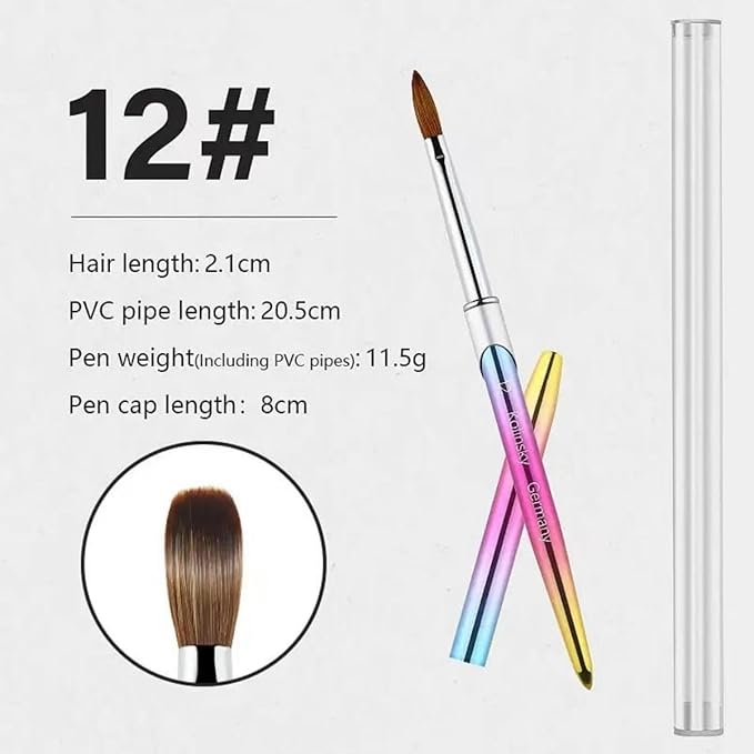 100% Pure Kolinsky Acrylic Nail Brush Size 12, Hair Acrylic Crystal Ombre Chrome Colorful Handle with Silver Ferrule Round Shaped for Women Girls Manicure Nail Tools Accessories