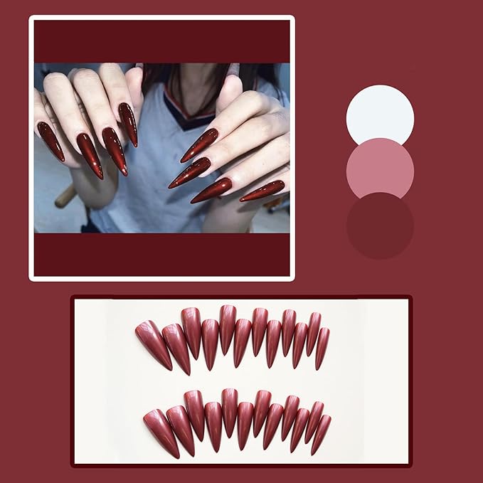 Stiletto Press on Nails Long Halloween Fake Nails Bloody False Nail Dark Red Acrylic Nails Cosplay Manicure Full Cover Stick on Nail Jelly Press on Nails for Women Girls 24Pcs
