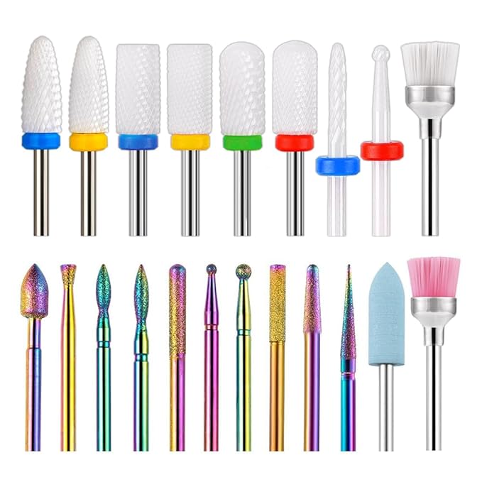 21pcs Nail Drill Bits Sets, 3/32 Inch Cuticle Electric Nail File and Ceramic Acrylic Gel Nail Bit Kit, Acrylic Nail Art Tools, Carbide Remover Bits for Manicure Pedicure, Home Salon