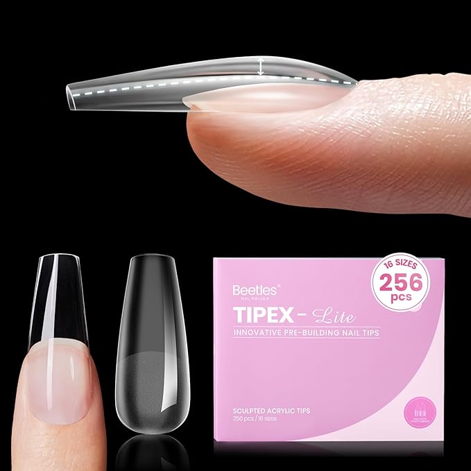 Beetles Tipex Lite Pre-Built Apex Nail Tips, Coffin Medium, 256pcs Value Pack, 16 Sizes | 00-14, Flat-Nail Friendly Acrylic Tips for Natural Nail Beds, Easy for Beginner DIY
