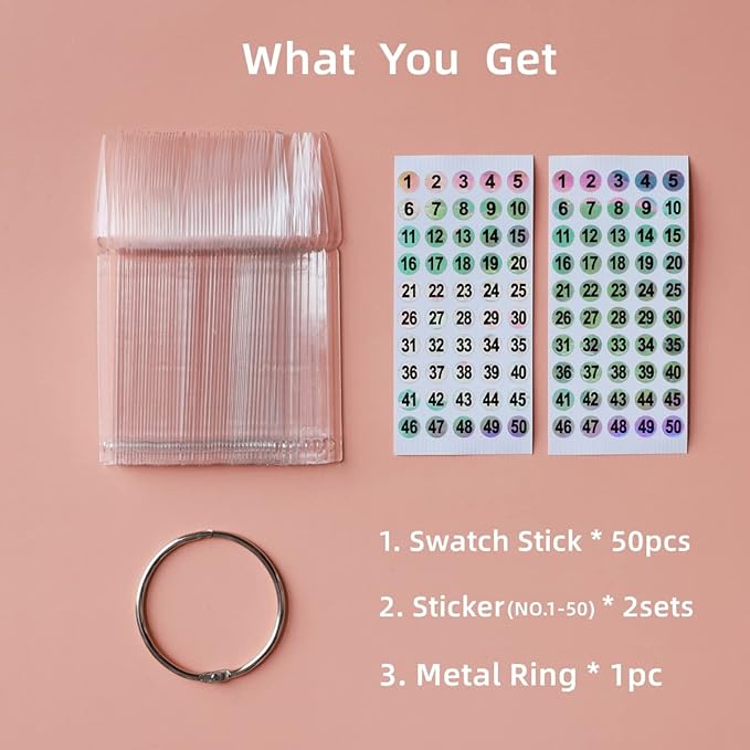 50pcs Nail Swatch Sticks with Number Stickers Nail Color Display Stiletto Tips Clear Nail Sample Sticks with Ring Practice Nail Tips Nail Supplies for Nail Techs Professional Nail Salon