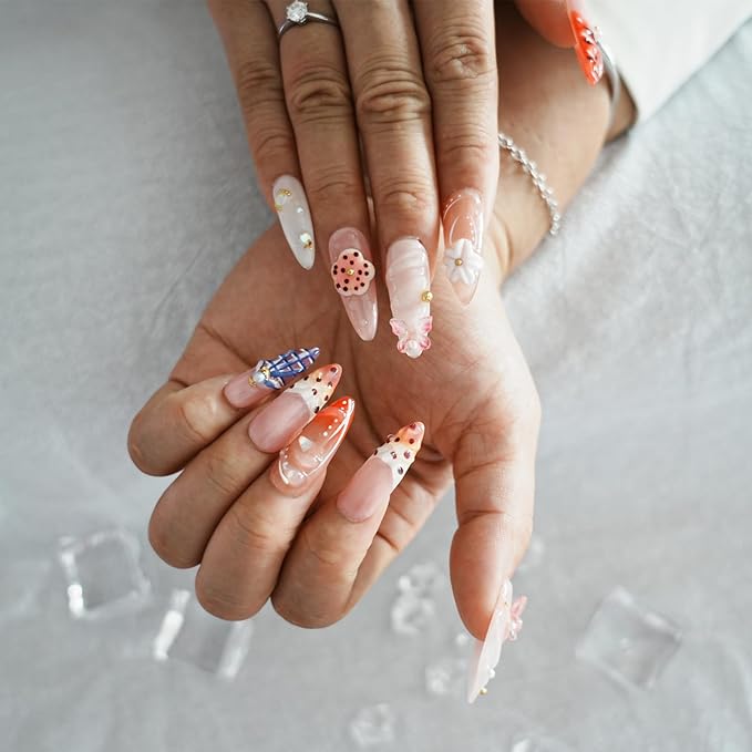 Tropical Flower Press on Nails Long Almond with Butterfly, 3D Floral French Tip Glossy Press ons for Women, Reusable Stick on Thick Acrylic Nails for Summer (Tropical Flair,M)