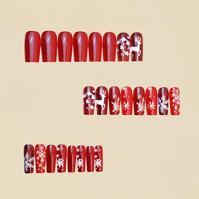 Christmas Press on Nails Medium Square Fake Nails with Snowflake Elk Designs Red Xmas False Nails Winter Stick on Nail for Women 24 Pcs