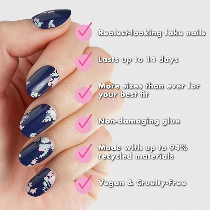 Olive & June Instant Mani Press-On Nails (Glue) | 42 Fake Nails, 21 Sizes | Non-Toxic, Long-Lasting Recycled Materials Realistic Look | Spring Flowers & Patterns | Short, Round | Micro Floral
