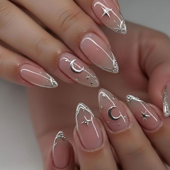 Silver Press on Nails Medium Almond Fake Nails Celestial Nails Press ons with Silver Moons,Stars,Chrome Outlines Design,Reusable Artificial Nail Full Cover Stick on Nails for Women Manicure 24Pcs