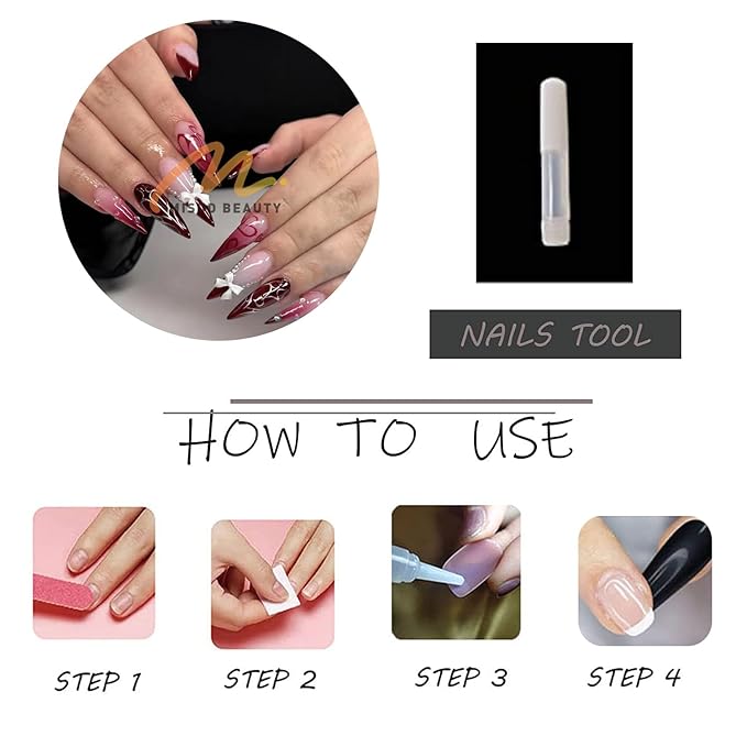 MISUD Press on Nails - Long Stiletto Fake Nails with Burgundy French Tip, Acrylic Heart Pearl Design 24 pcs