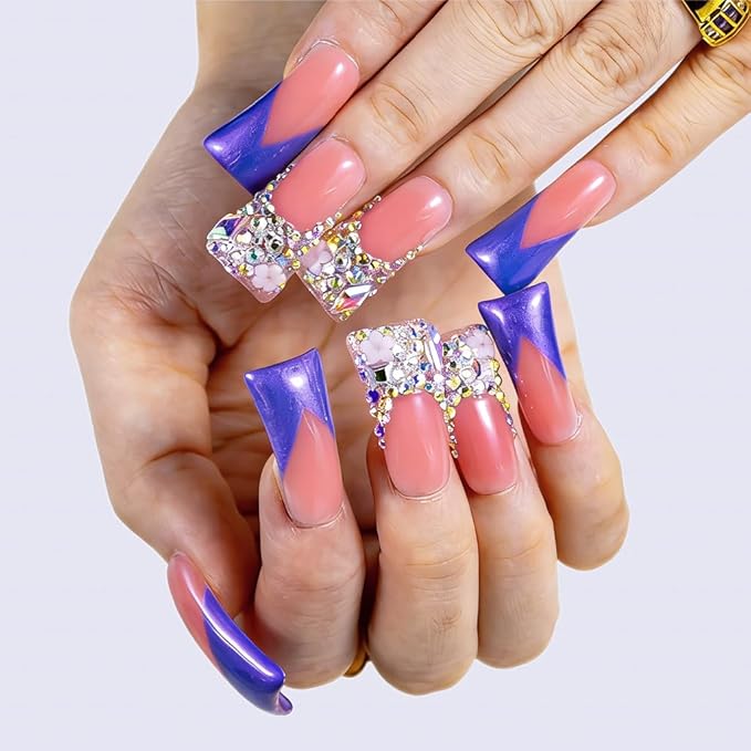 10 Pieces Handmade Luxury Metallic Cool Purple Shimmer With AB Crystal Shine Long Press On Nails With Bling Rhinestones And Y2K Princess Vibes, Reusable Fake Nails, Acrylic Nails (M)
