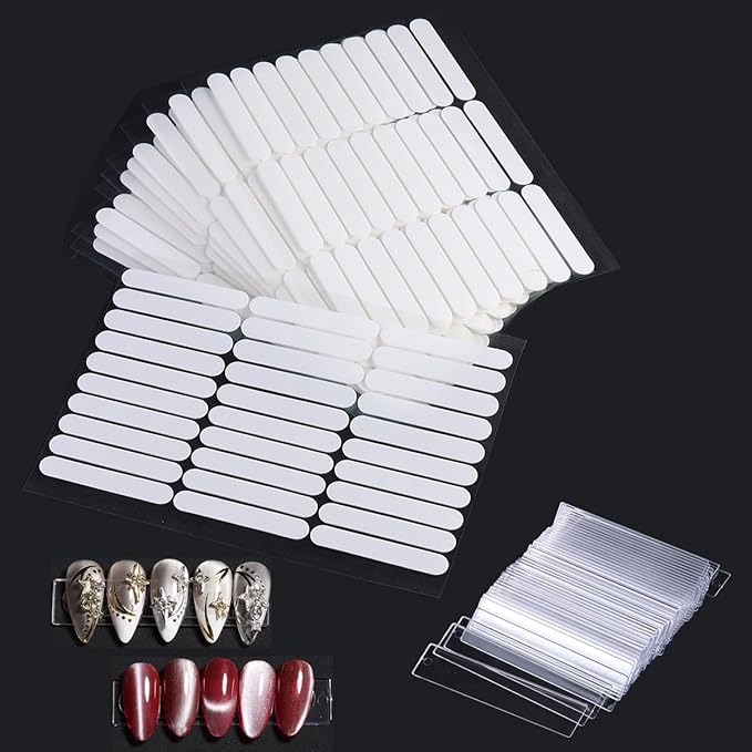 10 Sheets Double Sided Nail Tape with 48PCS Clear Nail Design Tips Display Stand Holder, Removable Adhesive Tape for Press on Nails Packaging Nail Art Practice Holder Colors Designs Showcase