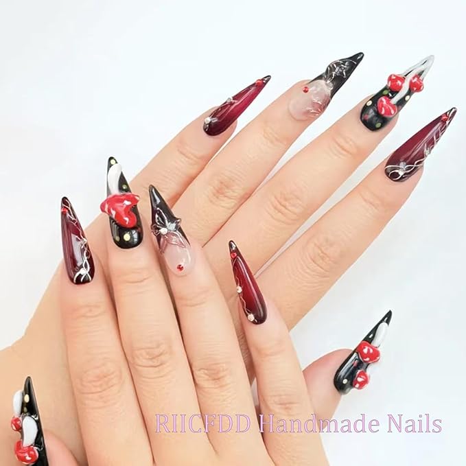 Thick Press on Nails Long Almond Handmade Nails Black Fake Nails with Glue,Cute 3D Mushroom and Flowers Art False Nails with Design Extra Long Halloween Nails Nature Stick on Nail for Wome (Size S)