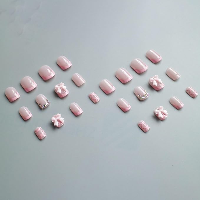 Pink French Tip Short Square Press on Nails MABKJLF Cute Fake Nails False Nails with Bow Rhinestones Designs Full Cover Glossy Glue on Nails Stick on Nails for Women Girls 24Pcs