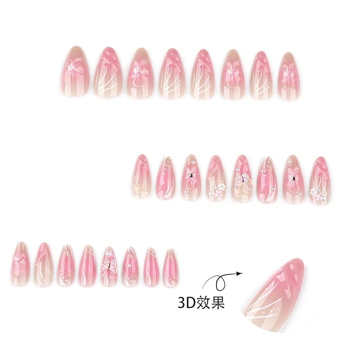 Almond Press on Nails Medium Fake Nails Pink False Nails Ombre Artificial Nails Cute Nails with 3D Flowers Designs PearlStick on Nails for Women 24pcs