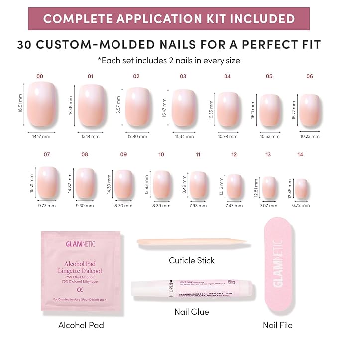 Glamnetic Press On Nails - Sugar Veil | Glazed Short Squoval Nude Fake Nails with Ombré, Salon Quality Neutral Nails | 15 Sizes - 30 Nail Kit with Glue