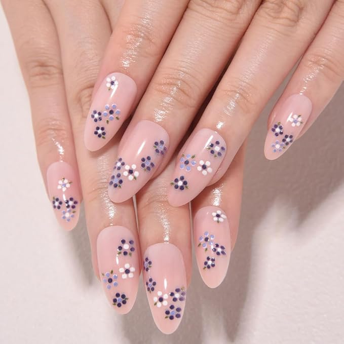 Spring Summer Purple White Floral Press On Nails Medium Almond Fake Nails, Salon Quality Reusable Acrylic Nails for Women & Girls, DIY Nail Art Gift Kit - 30 PCS 15 Sizes