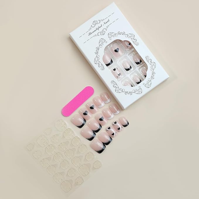 Short Press on Nails Square - French Tip Fake Nails with Black Heart Design - Glossy Full Cover Stick on Nails - for Women 24 Pcs