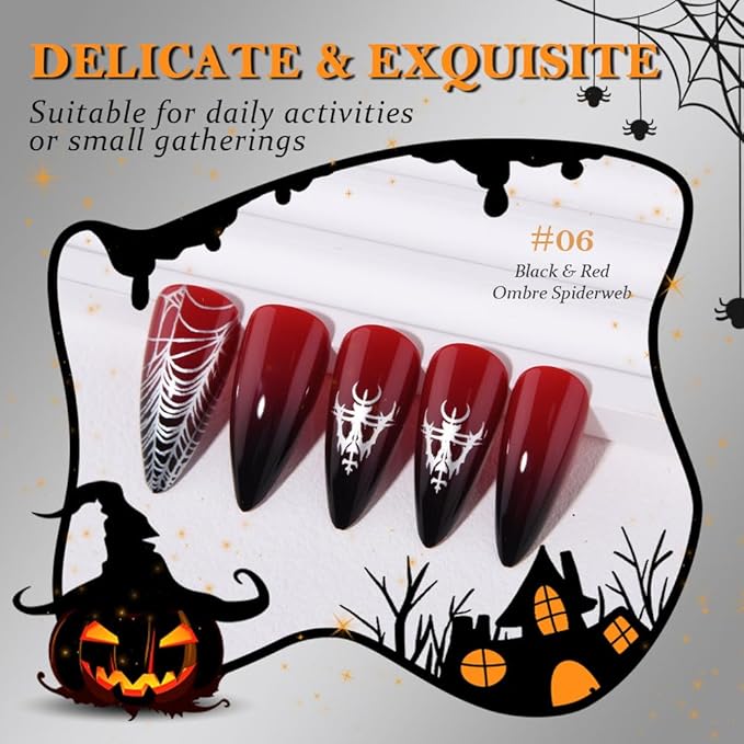 Halloween Ombre Press on Nails Medium Almond with Cobweb Design, Medium Almond Red Black Ombre Artificial Fake Nails with Designs, Perfectly Fit Soft Gel Full Cover Glossy Stick on Nail for Women