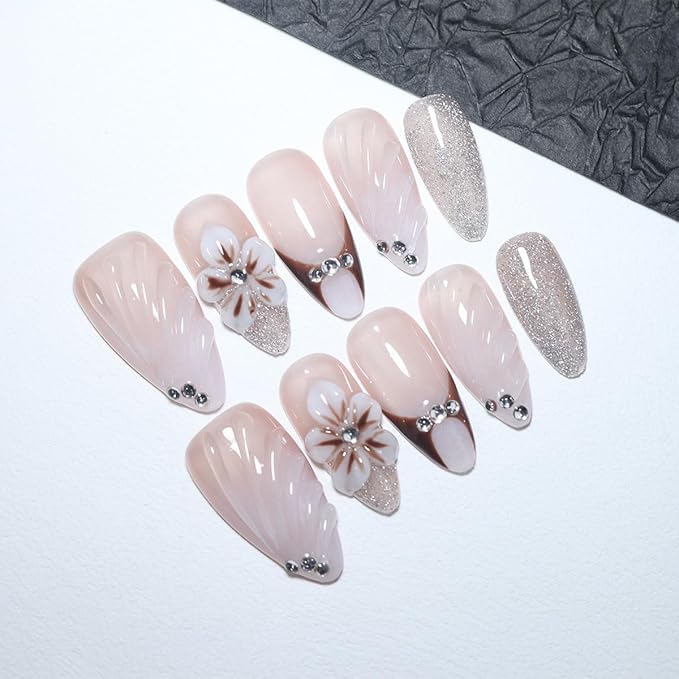 10 Medium Almond Handmade Press On Nails | Nude Pink Fake Nails with Shell Texture, 3D Floral, Brown French Tip & Rhinestone Accents | Easy Apply & Remove, Reusable Salon Quality Nails (5U08, M)