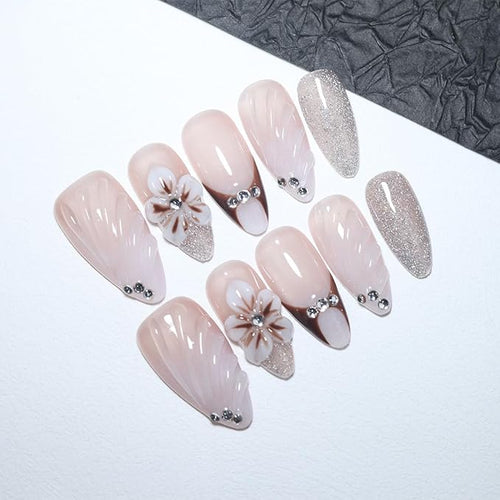 10 Medium Almond Handmade Press On Nails | Nude Pink Fake Nails with Shell Texture, 3D Floral, Brown French Tip & Rhinestone Accents | Easy Apply & Remove, Reusable Salon Quality Nails (5U08, S)