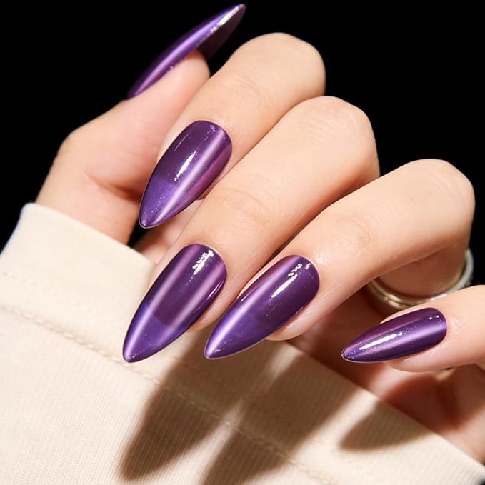 Cat Eye Press on Nails Medium, Fashion Purple Glitter Press on Nails, Soft Gel Fake Nails, Reusable & Natural Acrylic False Nails, Stick on Nails for Women Gift, Glue on Nails Kit 30 Pcs