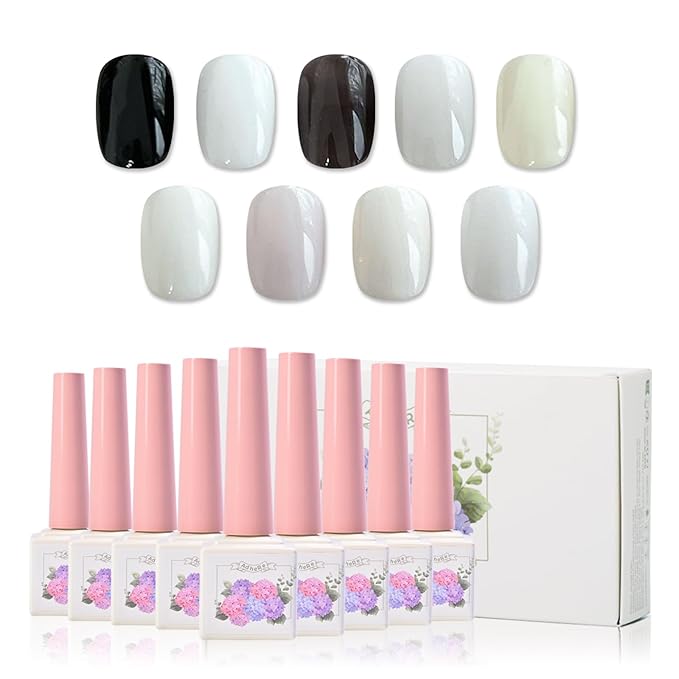 ADHERE Gel Nail Polish Set, 9 Pcs 12 ML Black White Milky Gel Polish Transparent White Black Nail Polish Soak Off LED Polish Nails for French Nail Art DIY Manicure at Home
