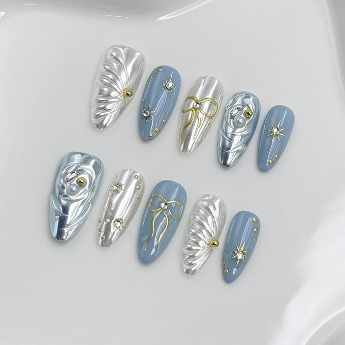Handmade Press on Nails Medium Almond Fake Nails with Glue,Luxury Rhinestone ＆ 5D Bow Art Blue Press ons Muti-Layer Gel Handmade False Nails for Women (Size M)