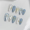 Handmade Press on Nails Medium Almond Fake Nails with Glue,Luxury Rhinestone ＆ 5D Bow Art Blue Press ons Muti-Layer Gel Handmade False Nails for Women (Size M)