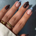 Polka Dot Press on Nails Almond Fake Nails French Tip False Nails Blue Brown Medium Acrylic Nail Glossy Full Cover Glue Stick on Nail for Women Manicure 24Pcs