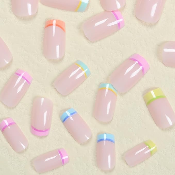 Short Press on Nails Square - Colorful French Tip Fake Nails - Cute Full Cover Stick on False Nails - for Women Manicure 24 Pcs