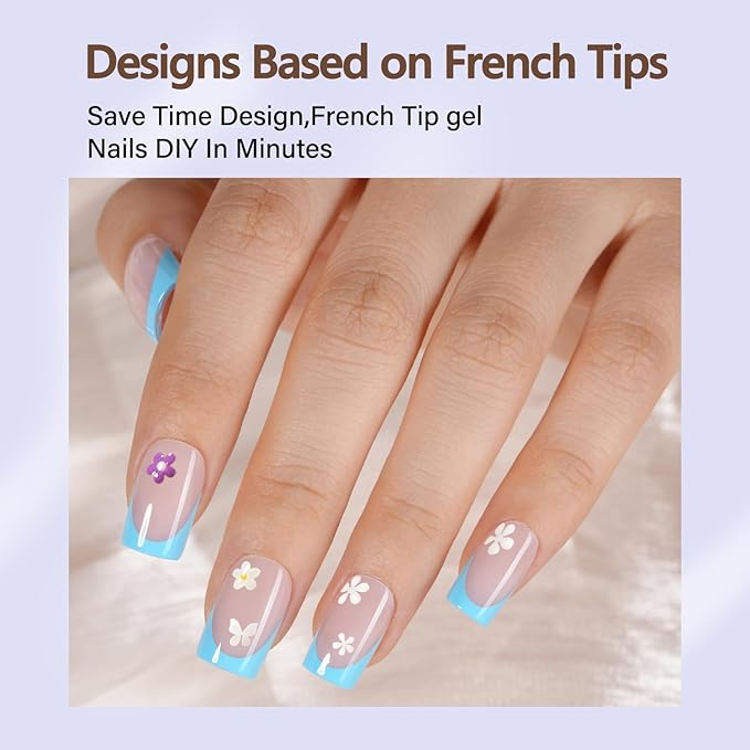 Misssix French Gel Nail Tips, 160Pcs Blue French Tip Press on Nails Short Square, No Need to File Tips Pre-lasting, Fake Nails for Nail Art DIY 16 Sizes
