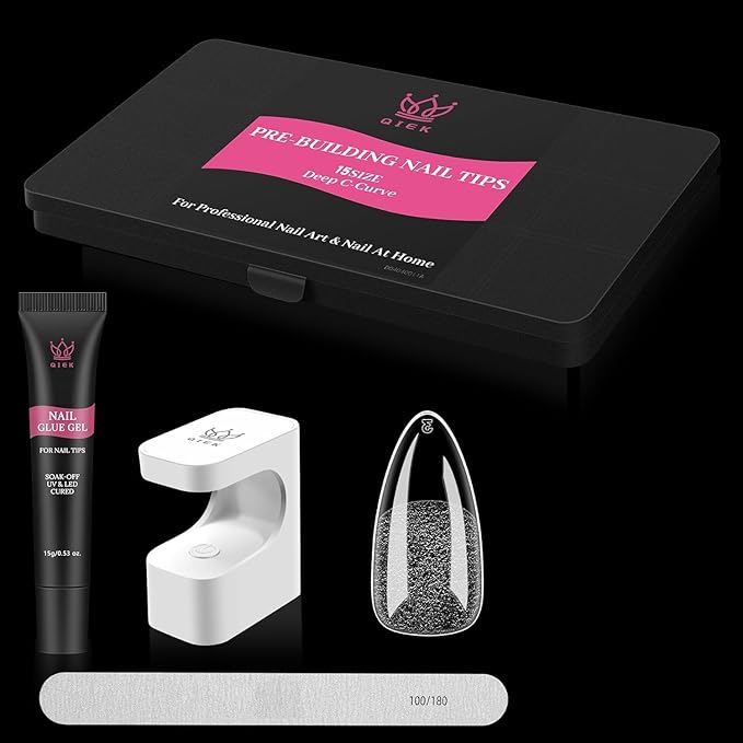 Medium Almond Pre-Building Nail Tips Kit, 15 Sizes 240 PCS Pre-shaped Apex Pink Thick Extensions Tip Soft Half Matte Press On Fake Nails Glue Gel Nail Lamp for DIY Beginners & Salon Manicure