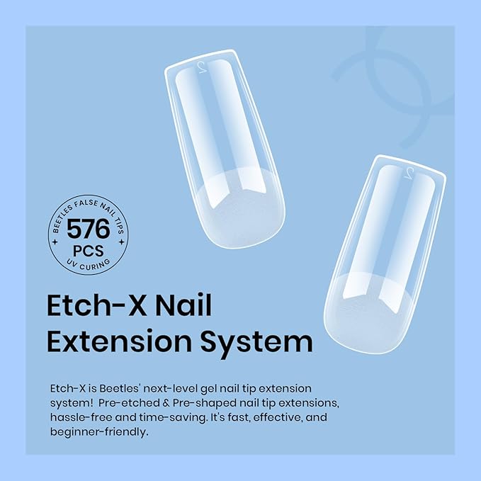 Beetles Gel Nail Tips, 576Pcs 12 Sizes Medium Square Pre-Etched Soft Acrylic False Nail Tips Half Matte Full Cover Press on Nail Extensions Gift Set Home DIY Nail Salon for Women Girls
