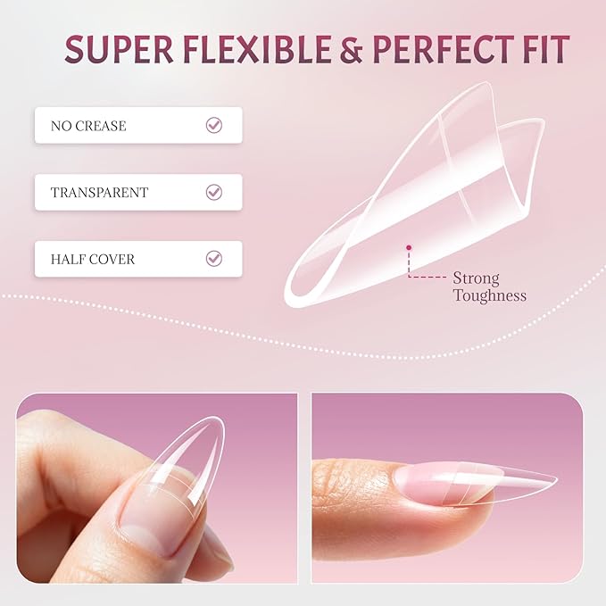 Ranrose Long Almond Nail Tips with Handle, 240PCS Half Cover Acrylic Fake Nails, 12 Sizes No C Curve Gel Nail Extension Tips for Professionals DIY Beginners