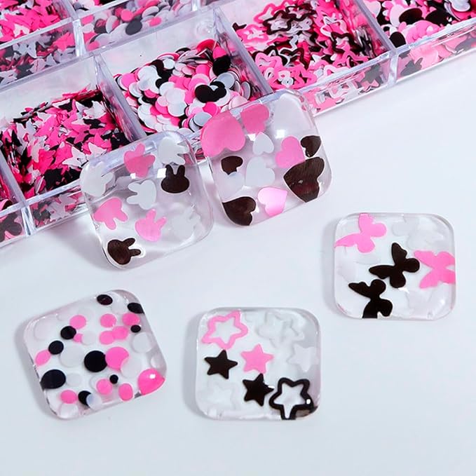 12 Grids 3D Nail Pink Sequins Cute Rabbit Decals Black Shiny Heart Glitter Mixed Shape Sticker Manicure DIY Tips