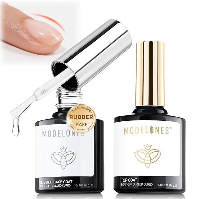 modelones Rubber Clear Gel Nail Polish, 2Pcs Builder Base Top Coat No Wipe Clear Glossy Strengthener for Apex Building Nail Glue Long Lasting Shiny Protect Thin Weak Nail Soak Off U V Manicure Gift