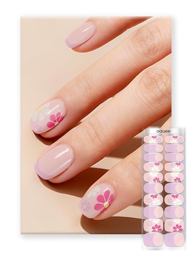 Semi Cured Gel Nail Strips | Built-In Gel Top Coat | UV Light Required | Salon Quality, Easy Application And Removal (Pink White Daisies)