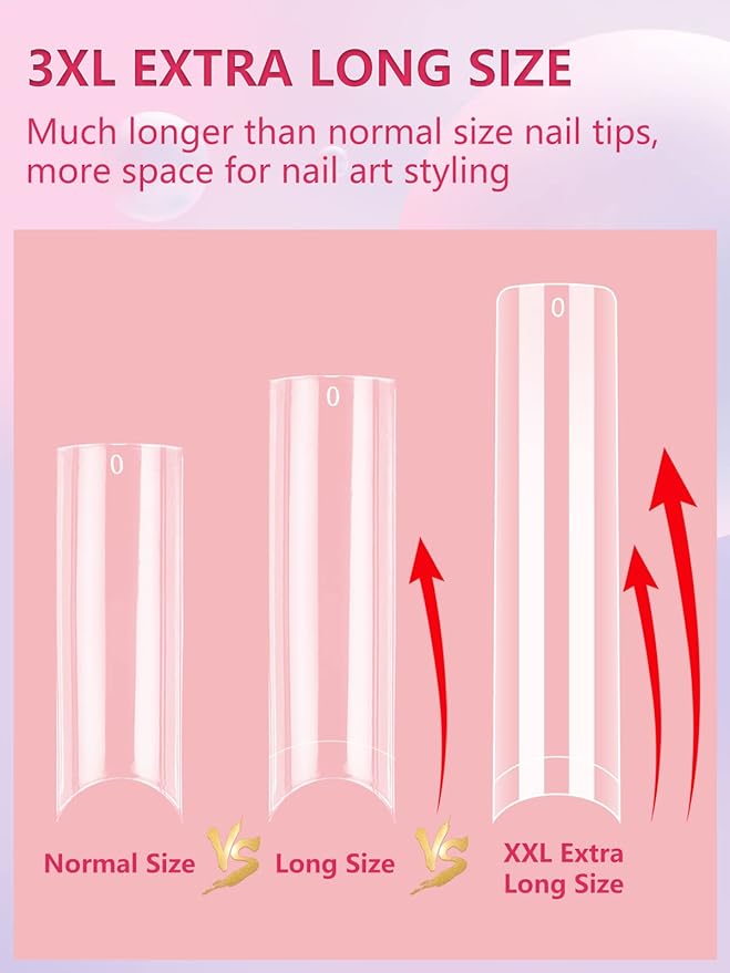 LIONVISON 504PCS No C Curve Clear Nail Tips for Acrylic Nails Professional, 3XL Extra Long Flat Tapered Square Nail Tips, 12 Sizes Half Cover Straight French Fake Nail Tips for Nail Salons Home