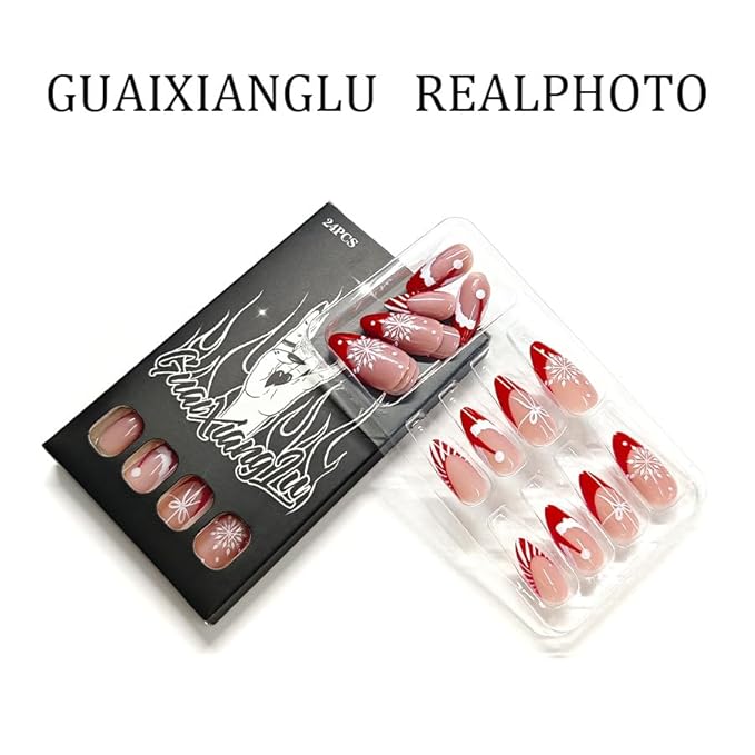 Christmas Press on Nails Red French Tip Fake Nails Medium Almond False Nails with Snowflake Christmas Hat Candy stripes Designs Glue on Nails Reusable Acrylic Nail for Women Girls 24Pcs