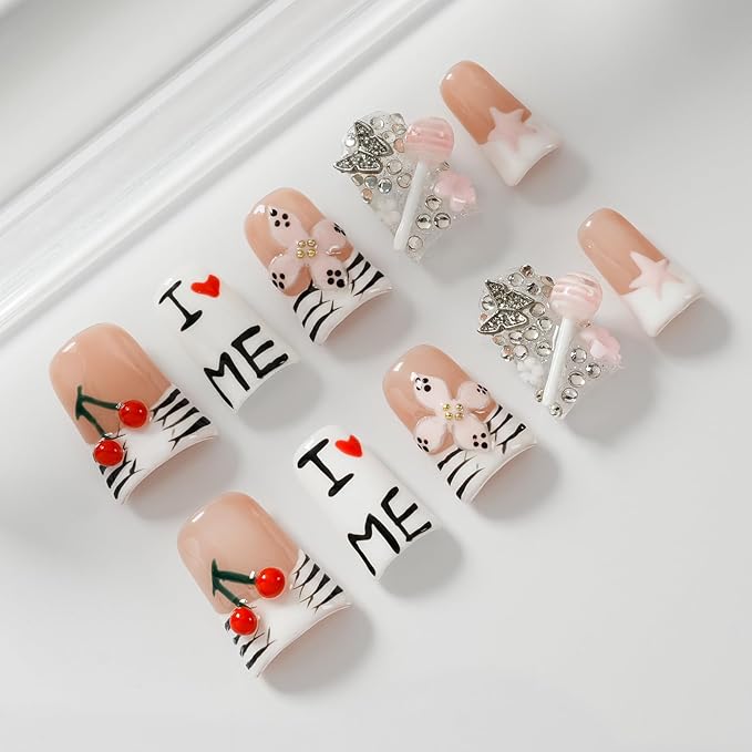 Press on Nails Handmade Short Duck - 3D Floral Metallic Butterflies French Tip False Nails with Zebra Stripe Print, Lollipop Cherry Stars Luxury Cute Design (Cute Love Cherry Candy,M)
