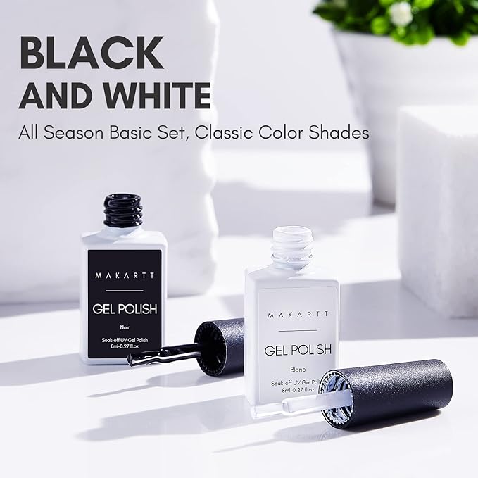 Makartt Gel Nail Polish Kit: Black White Nail Polish Set Noir & Blanc Soak Off Nail Gel Polish LED Required UV Gels Polish Kit Black Nails White Gel Paint for Nail Art Salon Home DIY 2Pcs