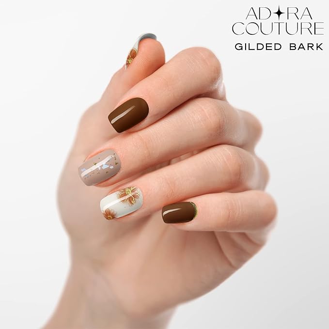Semi Cured Gel Nail Strips with 30 Pieces, Salon Quality Nail Wraps for Women, UV Light Required, Gilded Flower